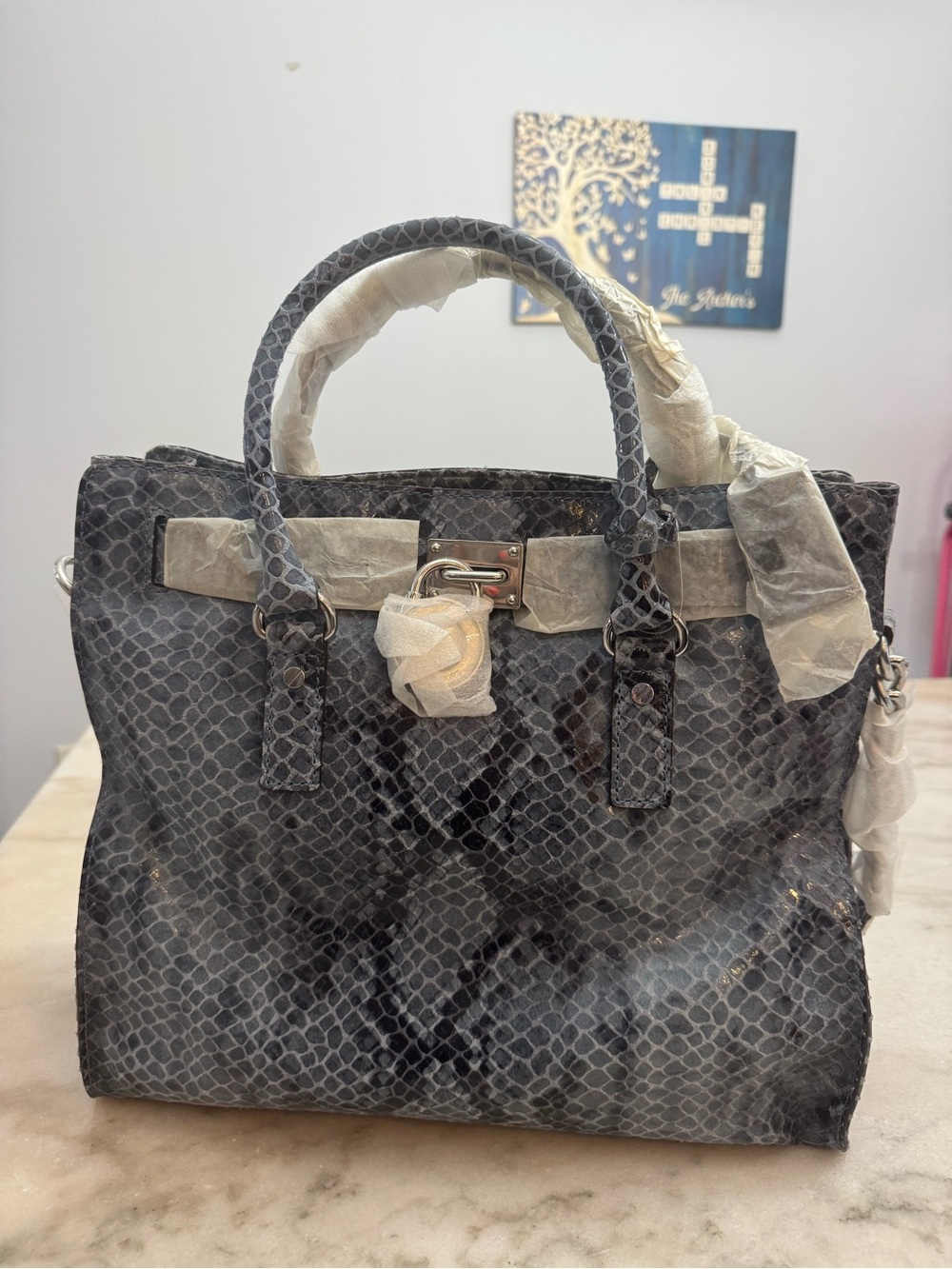 Michael Kors Denim Python-Print Structured Tote Bag